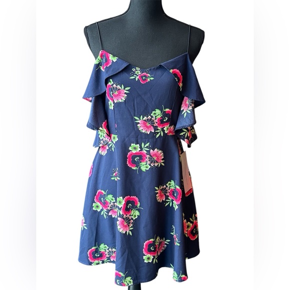 Symphony Dresses & Skirts - Symphony navy and pink floral cold shoulder see open back dress size medium NWT
